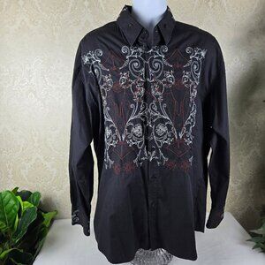 Milano Moda Size 2XL Button Up Shirt Black with White Brown Embroidery